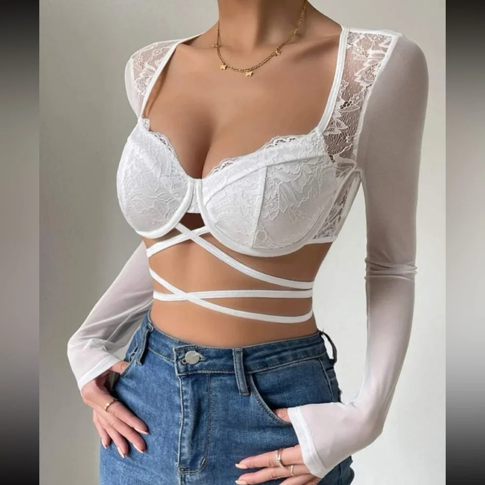 Boho lace crisscross tie back crop top
